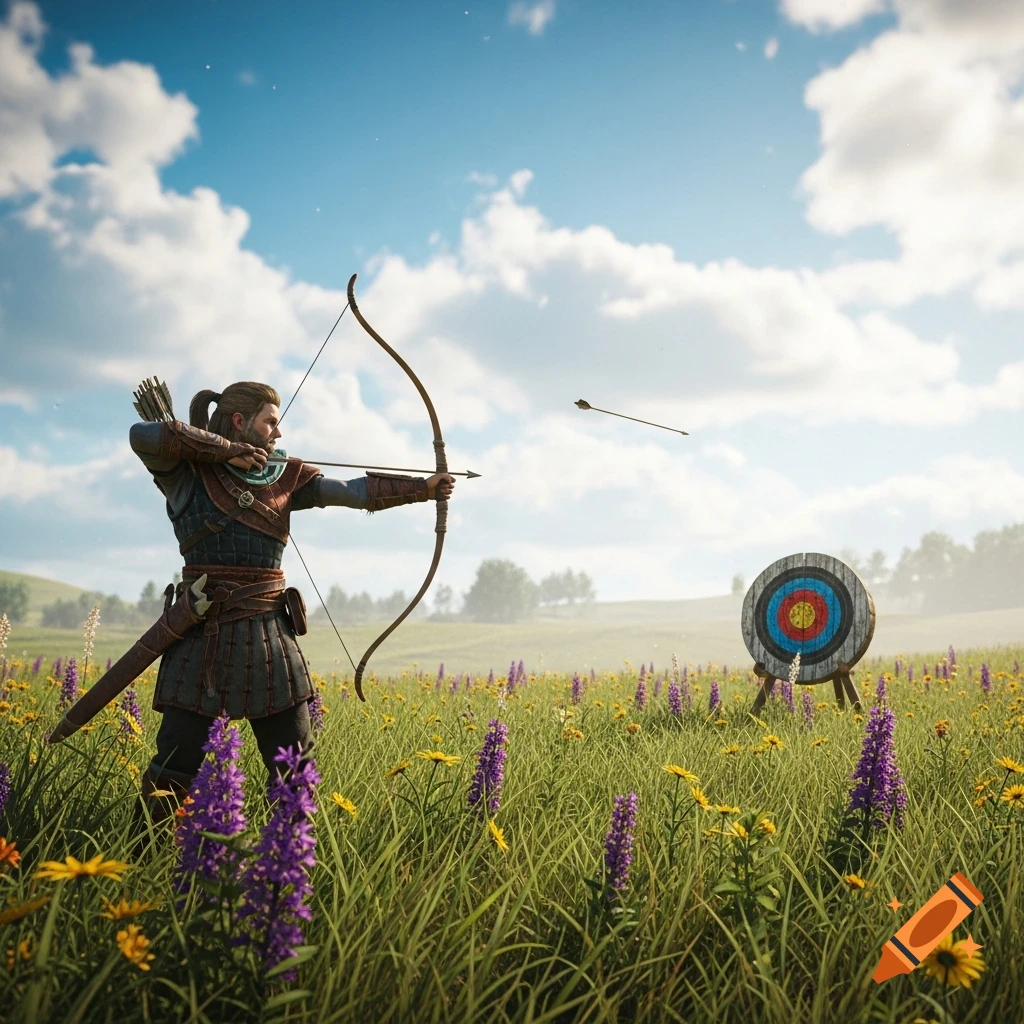 A male archer in fantasy attire shoots a bow and arrow towards a target in a vibrant meadow with wildflowers under a blue sky.
