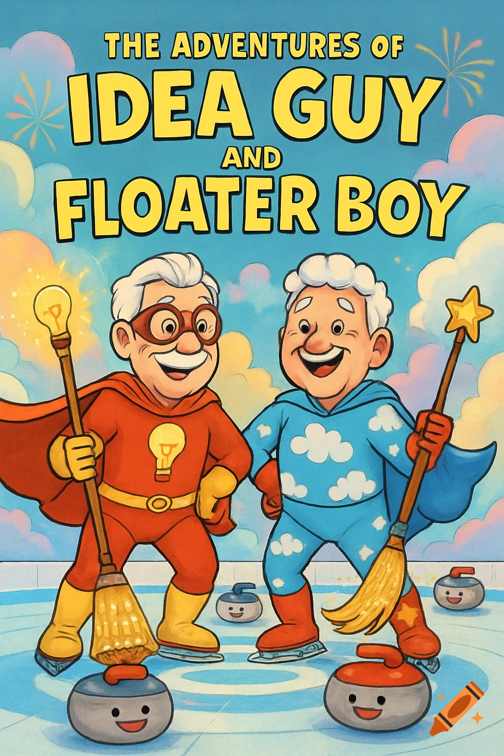 Cartoon book cover with 'The Adventures of Idea Guy and Floater Boy', depicting two senior citizen superheroes with curling brooms on an ice rink.