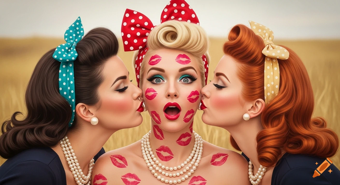 Three 1950s pin-up women. Two kiss a shocked blonde woman covered in lipstick marks, in a dry grass field.