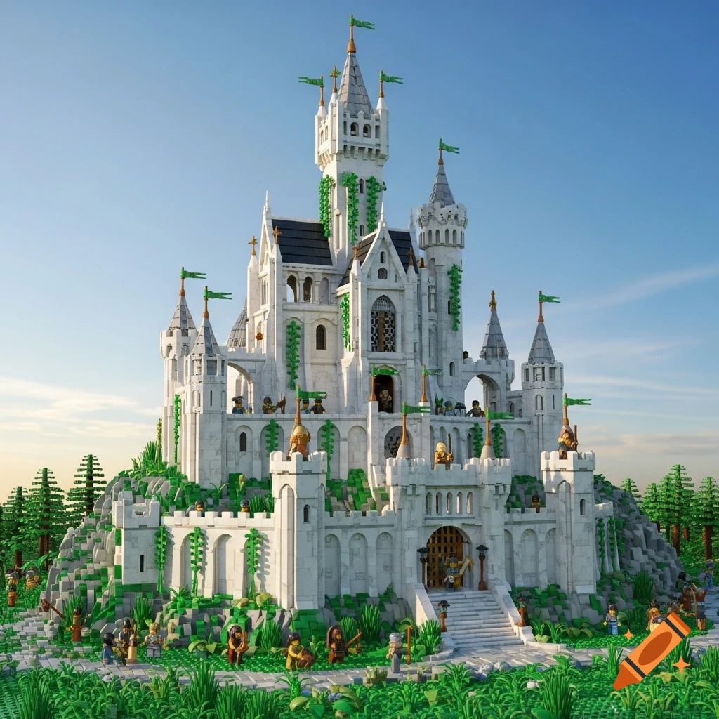 A detailed white Lego castle with green ivy and turrets, surrounded by green Lego landscape with trees and minifigures under a clear blue sky.