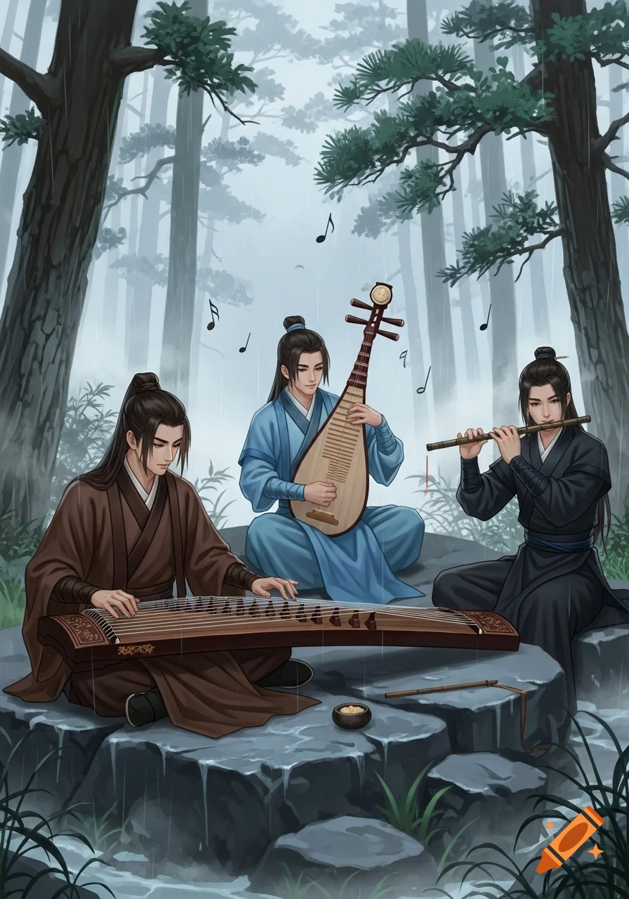 Illustration of three men in traditional robes playing a zither, pipa, and flute in a misty, rainy forest.