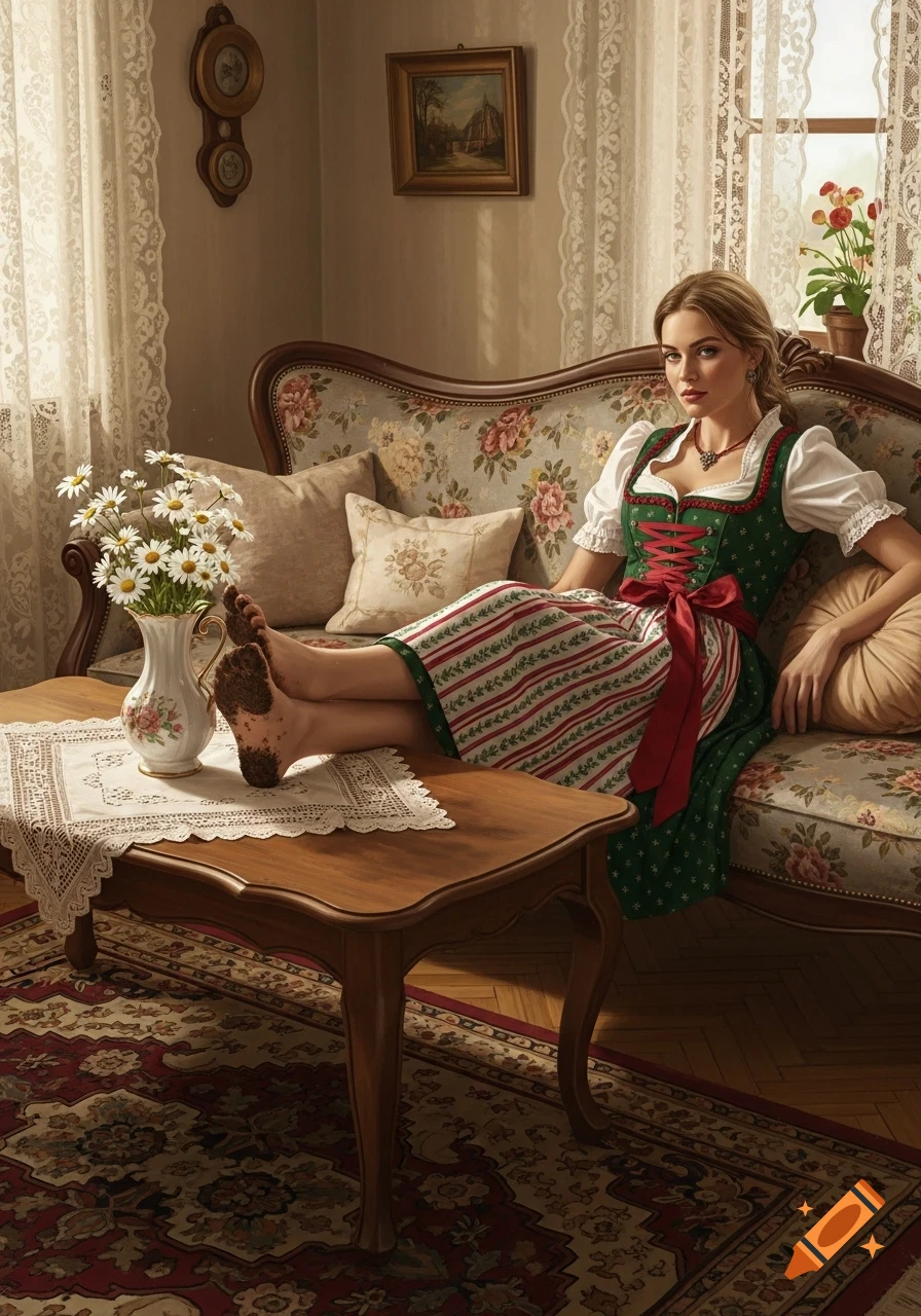 Photorealistic portrait of a woman in a green dirndl sitting on a floral sofa with her dirty feet on a wooden coffee table.