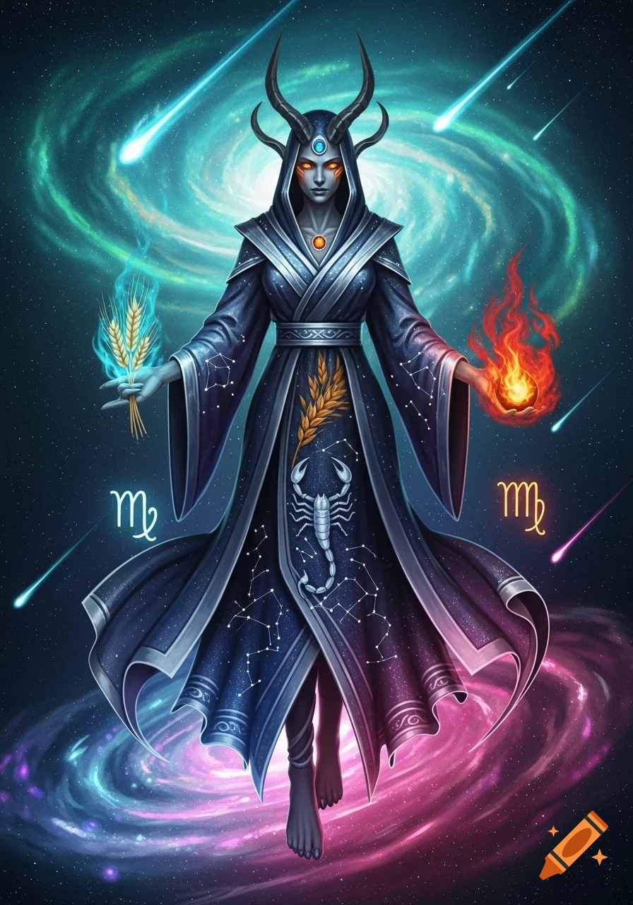 Fantasy figure with horns and hooded robe, holding glowing wheat and fire, against a cosmic background with galaxies, shooting stars, and zodiac symbols.