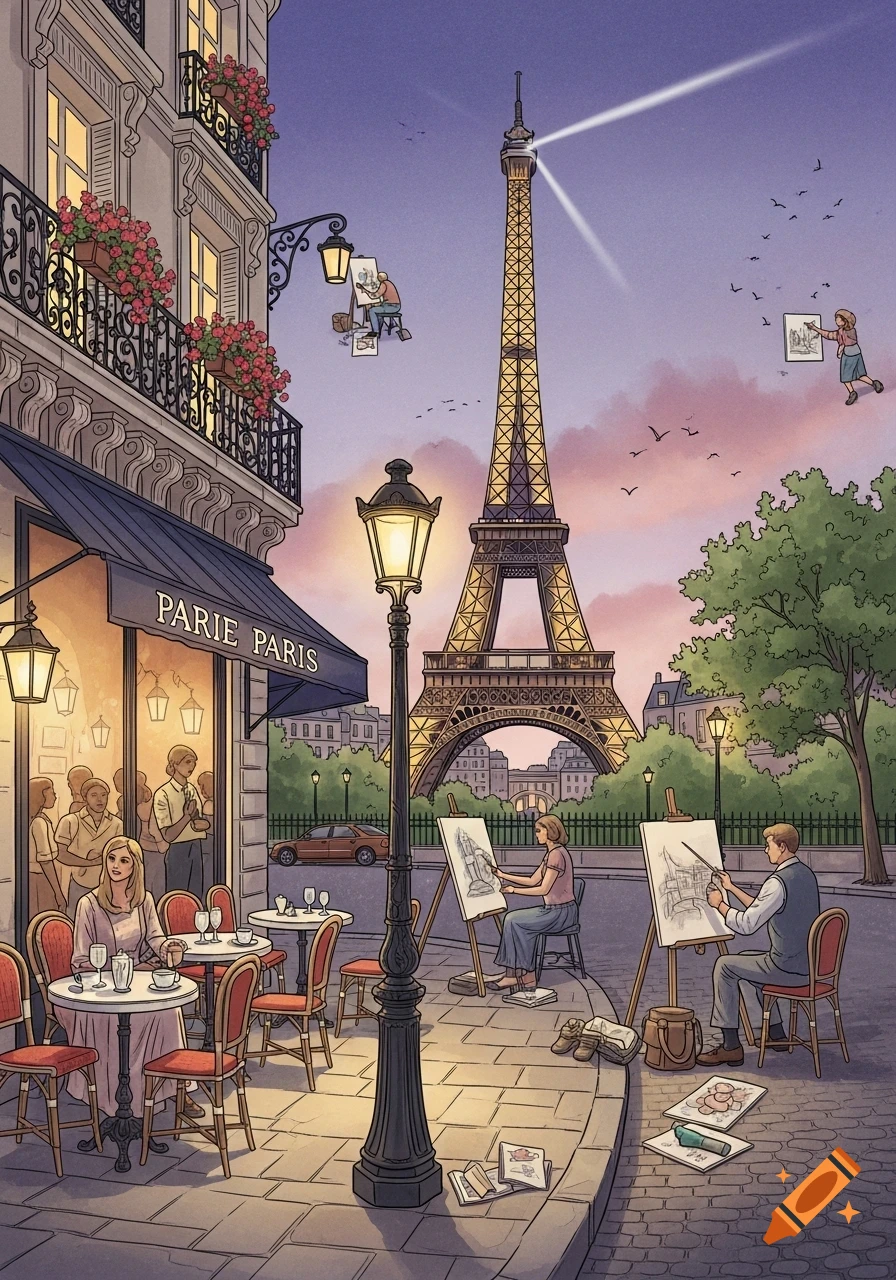 An illustration of a Parisian street scene at dusk with the Eiffel Tower, artists painting, and a cafe with patrons.