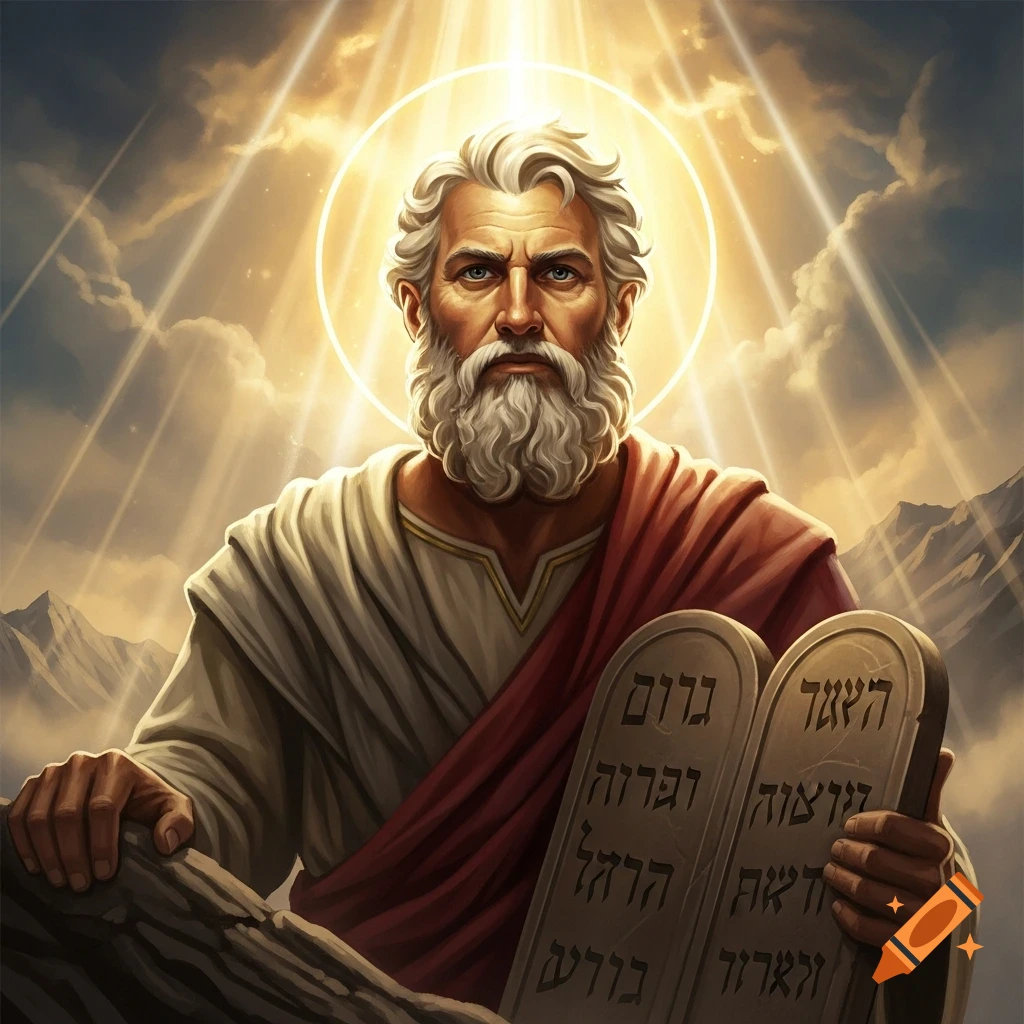 A man with a white beard and robes, depicting Moses, holds two stone tablets with text, illuminated by divine light from the sky.