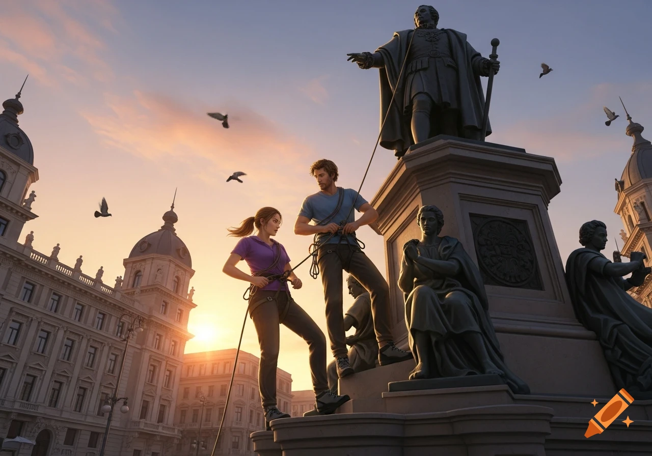 Two climbers with ropes stand on a large statue pedestal, silhouetted against a sunset sky with classical city buildings and birds flying. Photorealistic style.