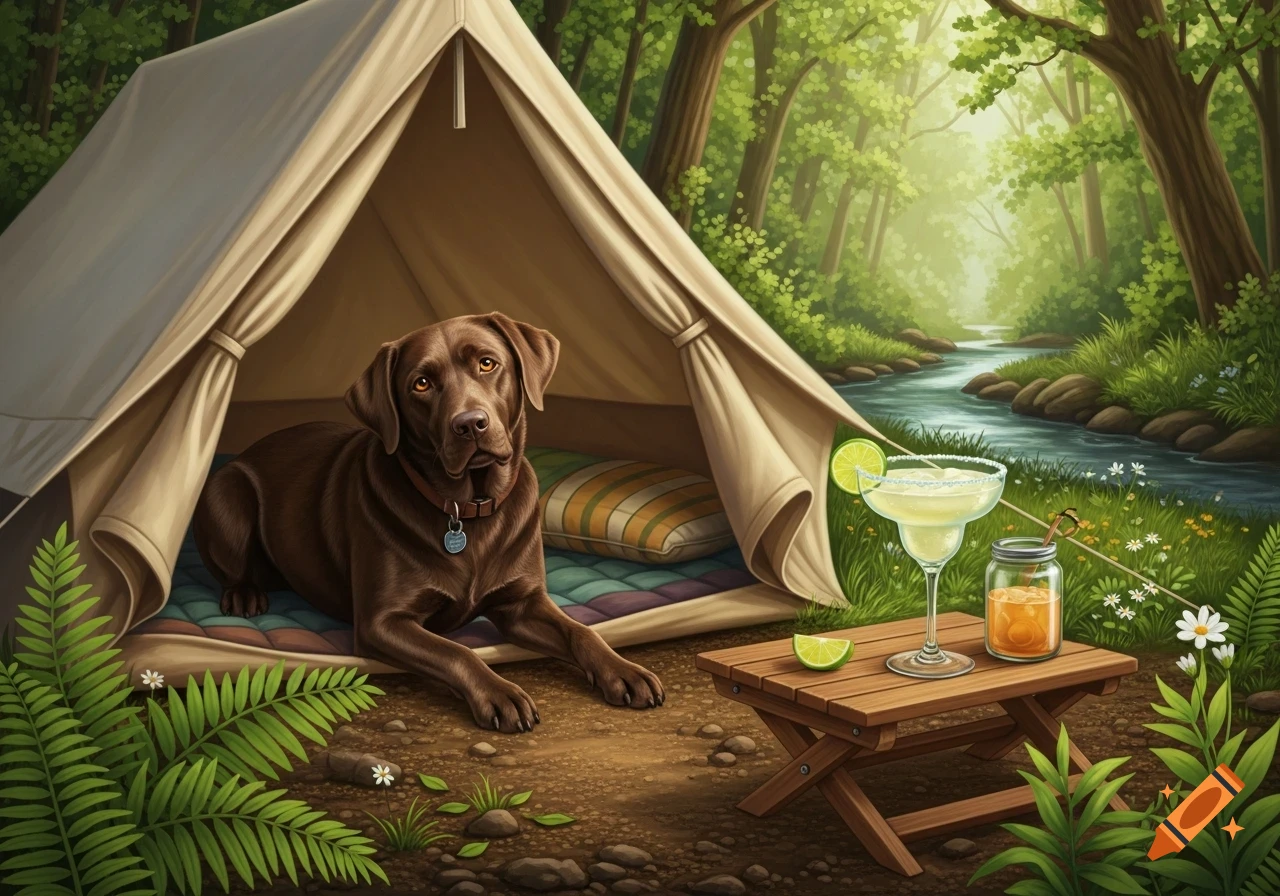 A brown Labrador dog relaxes in a tan tent in a lush forest with a stream, next to a small table holding a margarita and a jar.
