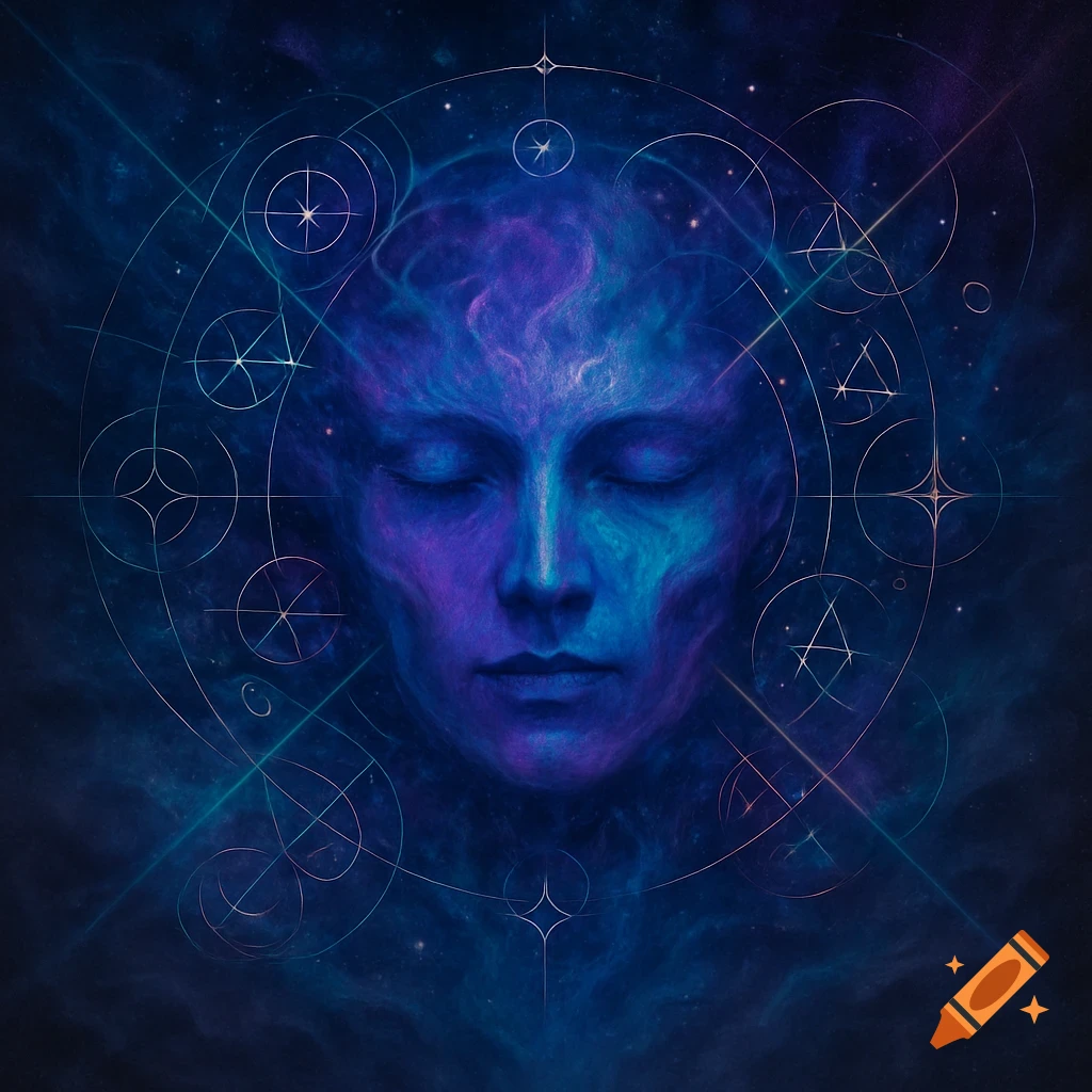 A glowing blue and purple stylized face with closed eyes, surrounded by cosmic nebulae and intricate geometric lines.