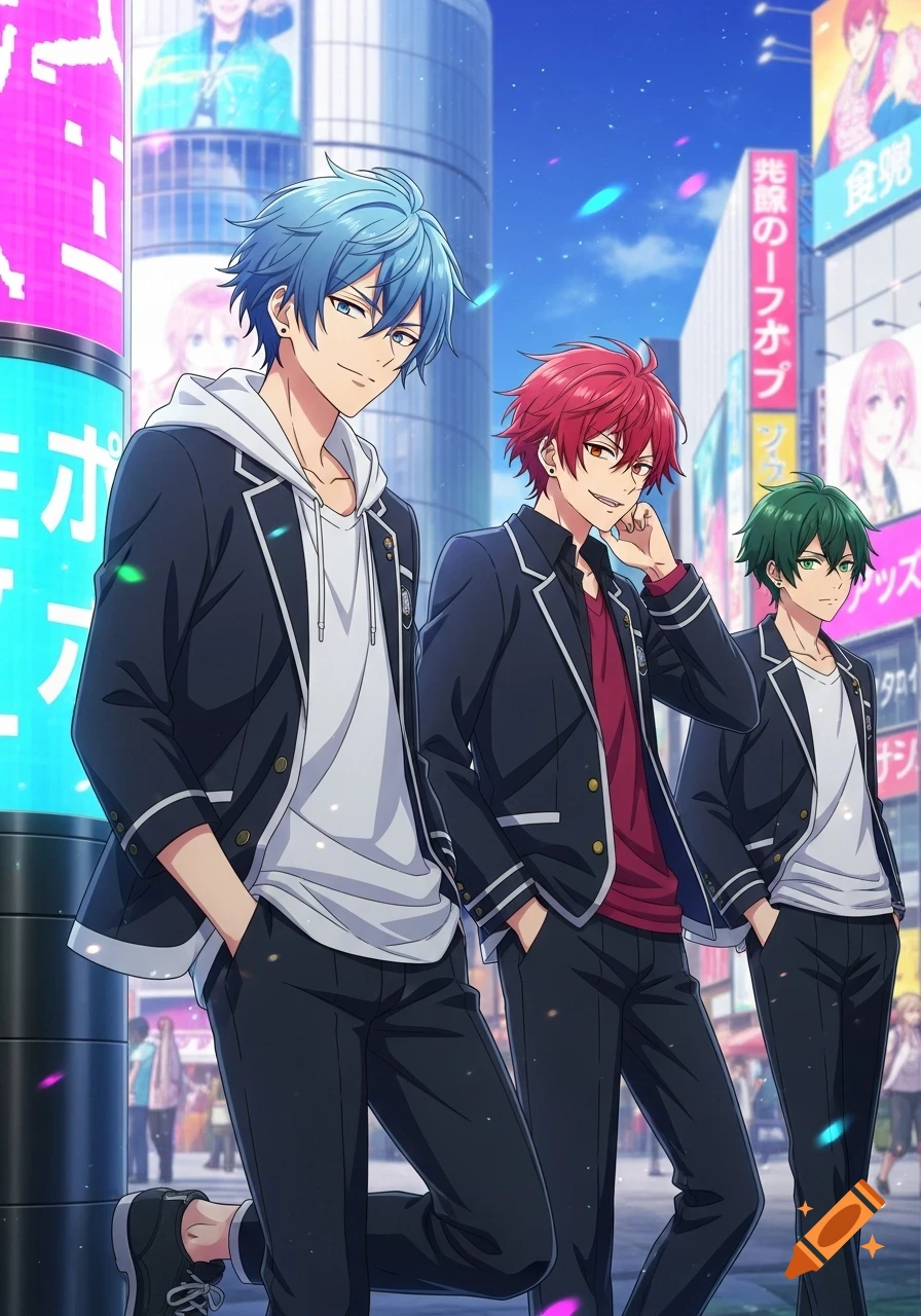 Three smiling anime boys with colorful hair stand on a bustling city street with neon signs in the background.