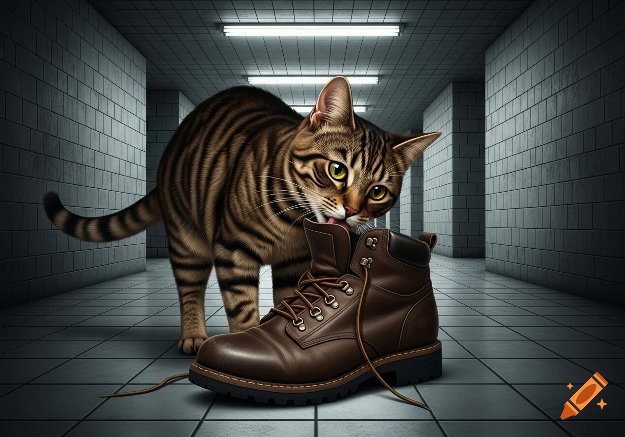 A striped tabby cat licks a brown hiking boot in a desolate, tiled hallway with fluorescent lights.
