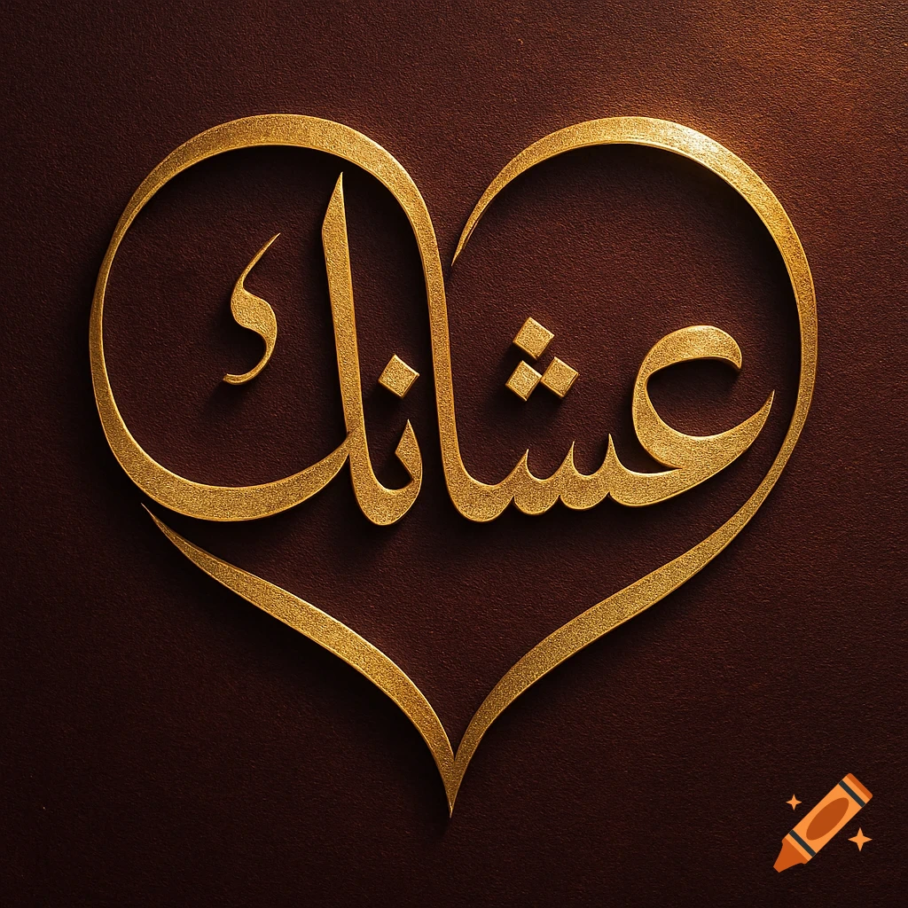 Golden Arabic calligraphy forming a heart shape on a dark brown textured background, spelling "عشانك".