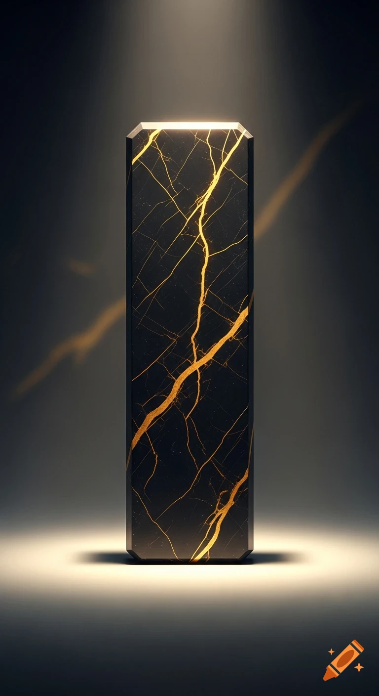 A standing black rectangular slab with glowing golden veins on a dark background, illuminated by spotlights.