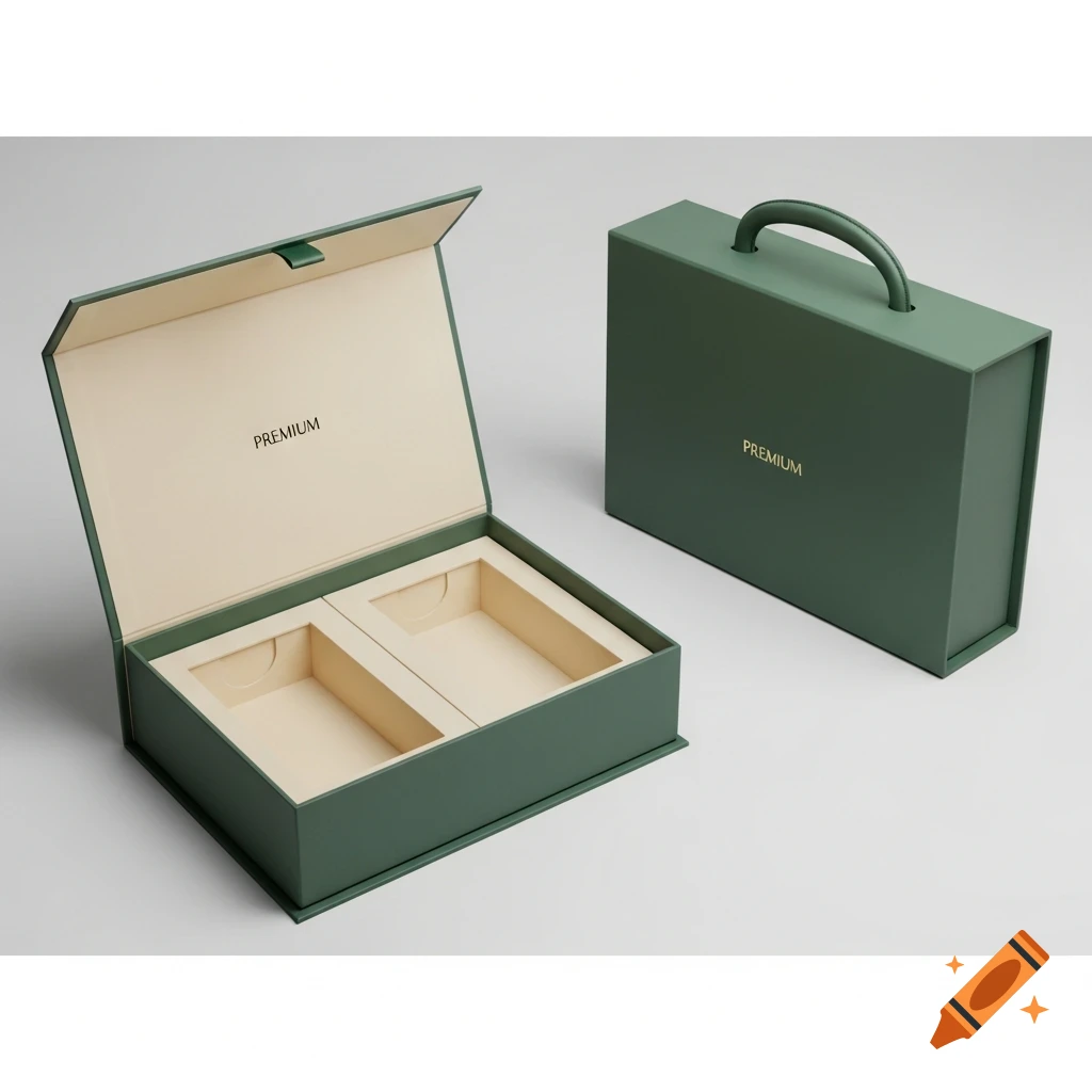 Photorealistic image of two dark green premium gift boxes, one open with cream interior, the other closed like a briefcase.