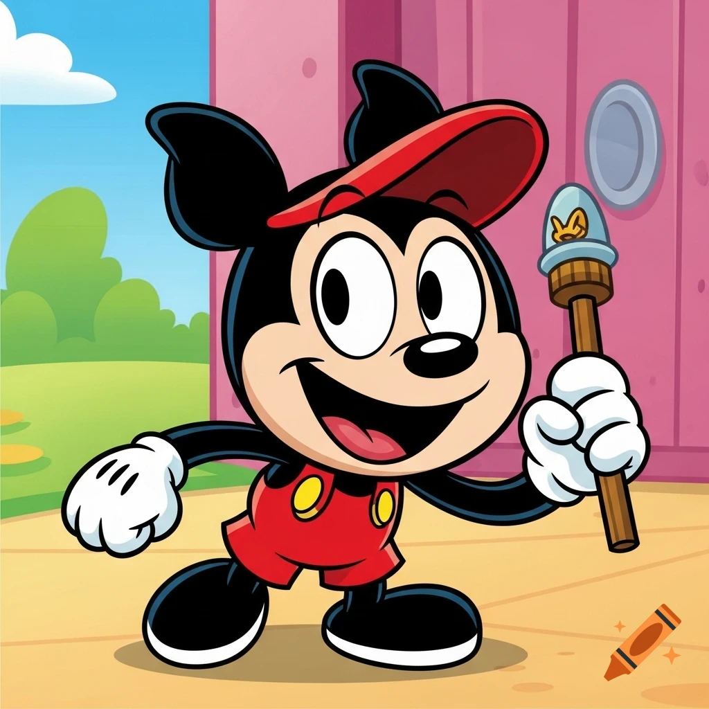 Happy Mickey Mouse in a red hat and shorts holds a staff, standing in a bright cartoon outdoor scene.