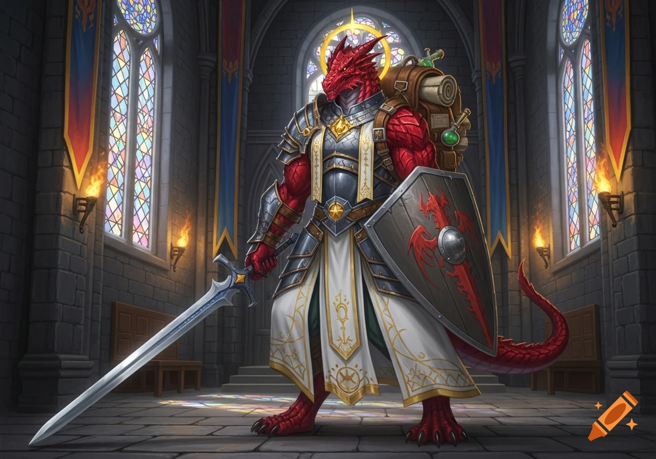 A red-scaled Dragonborn warrior in heavy armor and holy robes, carrying a sword, shield, and backpack, stands in a church.
