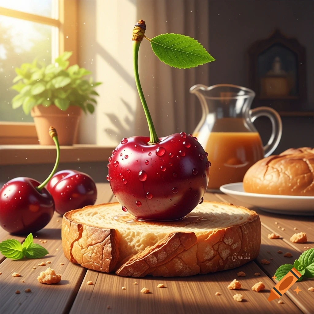 Photorealistic image of a giant red cherry with water droplets on a slice of toast, on a sunny wooden table.