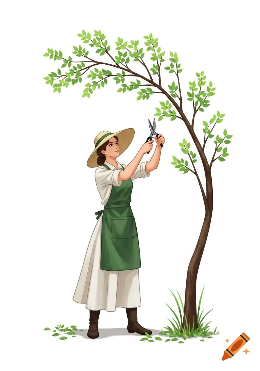 An illustration of a woman in a hat and green apron pruning a small tree with secateurs, against a white background.
