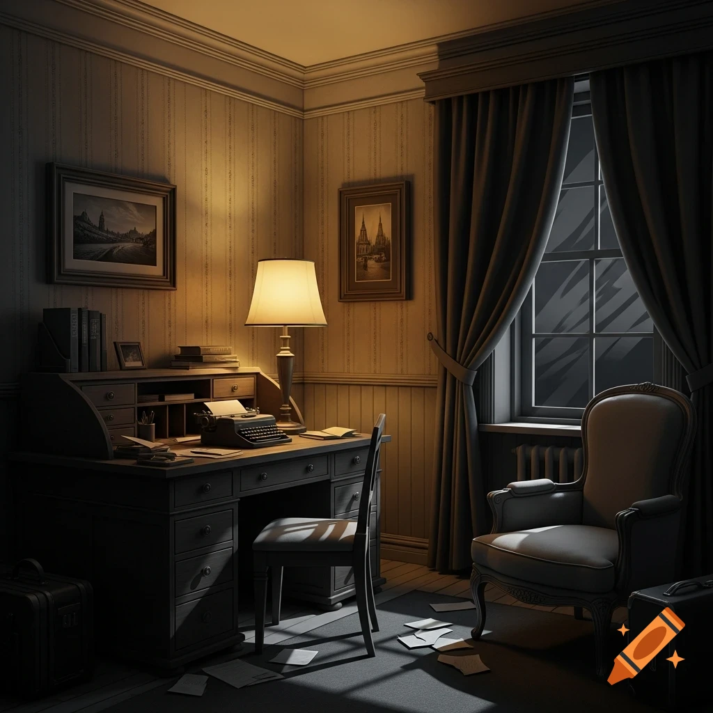 A dimly lit, vintage study room with a wooden desk, a typewriter, and a glowing lamp next to a window with dark curtains at night.