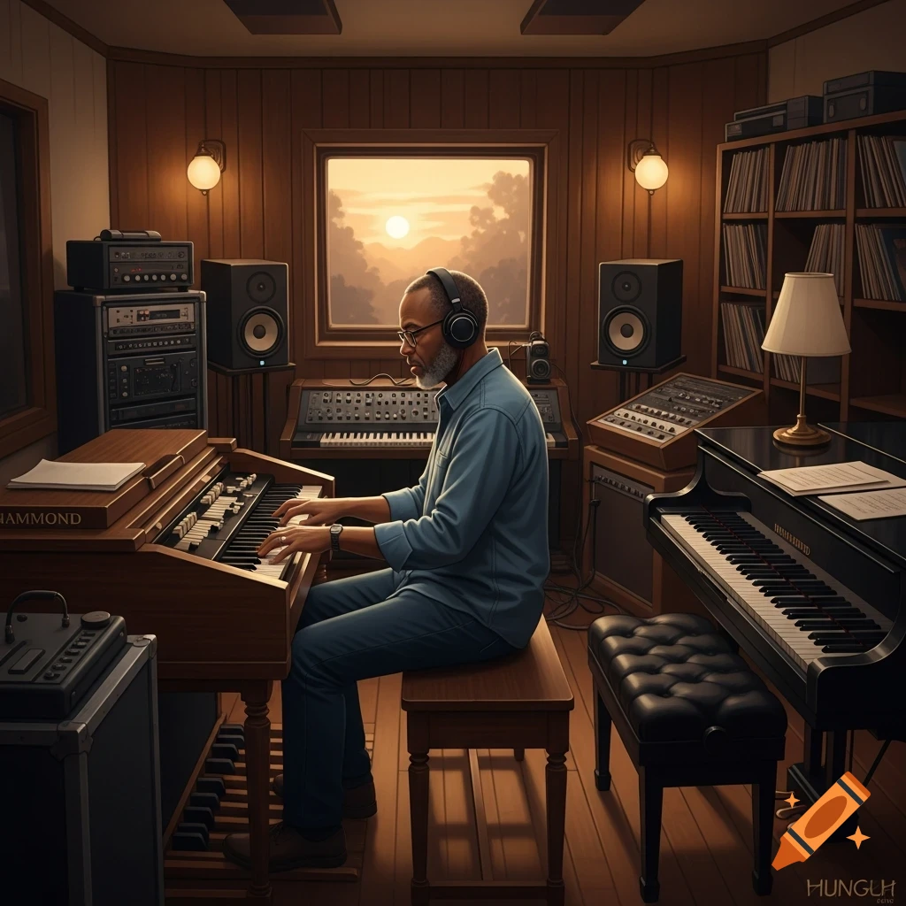 A man in headphones plays a Hammond organ in a warm-lit music studio with a grand piano and synthesizers.