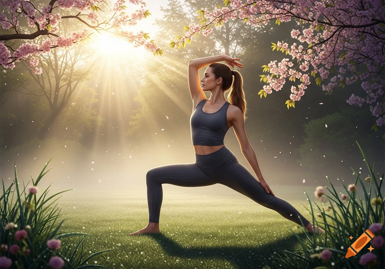 A woman in a warrior yoga pose in a misty, sunlit field surrounded by cherry blossom trees.