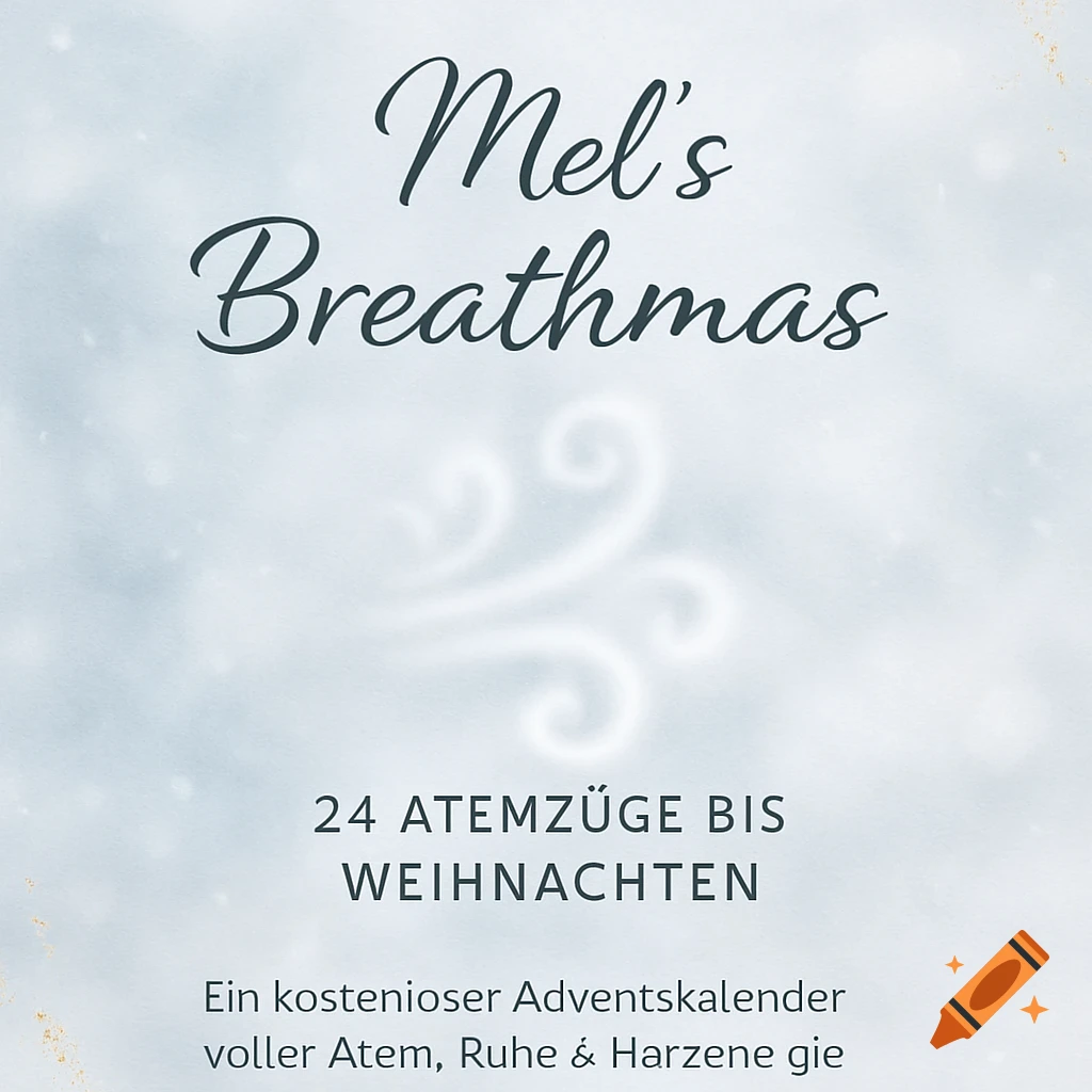 A light blue-grey graphic with a swirling breath design, elegant text "Mel's Breathmas", and smaller text "24 ATEMZÜGE BIS WEIHNACHTEN" and "Ein kostenloser Adventskalender voller Atem, Ruhe & Harzene gie".