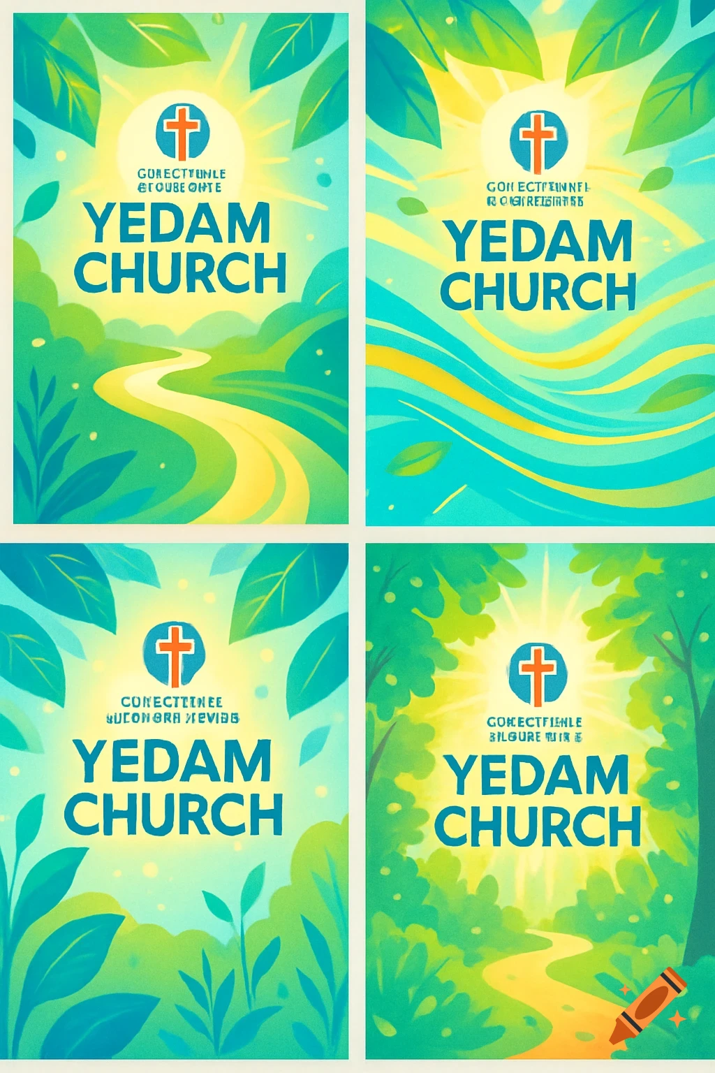Four vibrant, stylized posters for "YEDAM CHURCH," each featuring a cross and sun logo, lush green and blue landscapes with paths, and decorative leaves. Some smaller text is illegible.