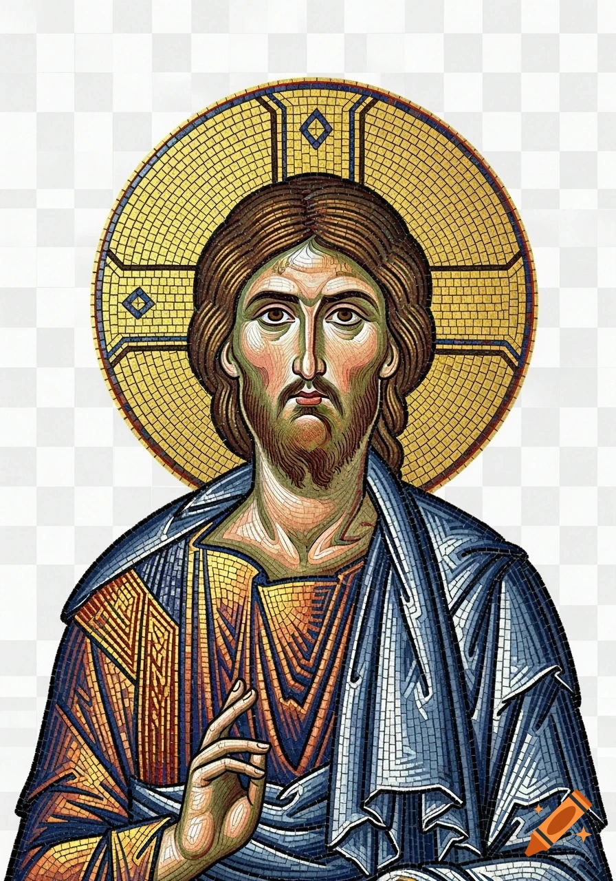 Bust of Jesus Christ with a halo, depicted in a detailed Byzantine mosaic style against a transparent background.