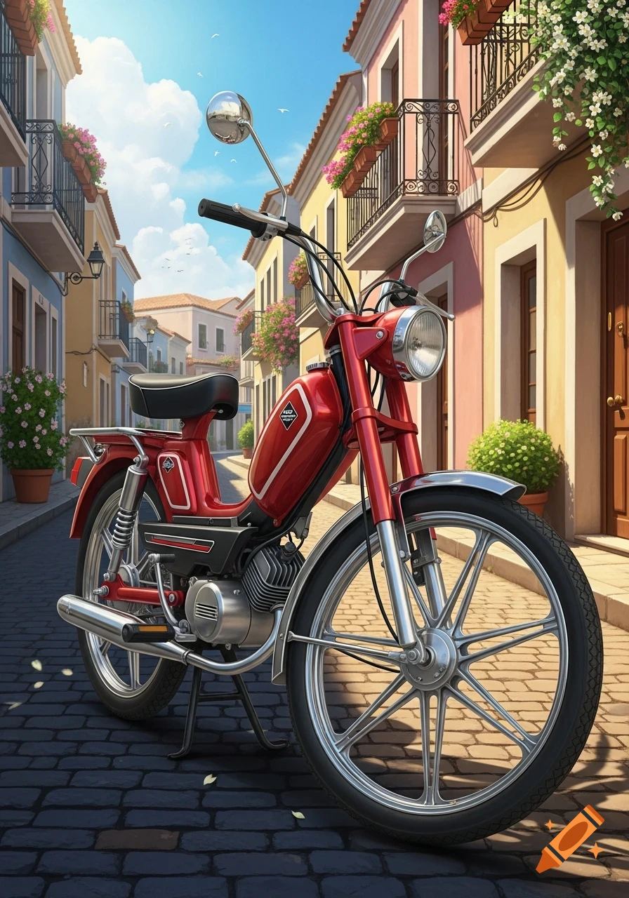 A vibrant red moped with chrome accents parked on a cobbled street in a colorful European town, with buildings and flowers in the background.