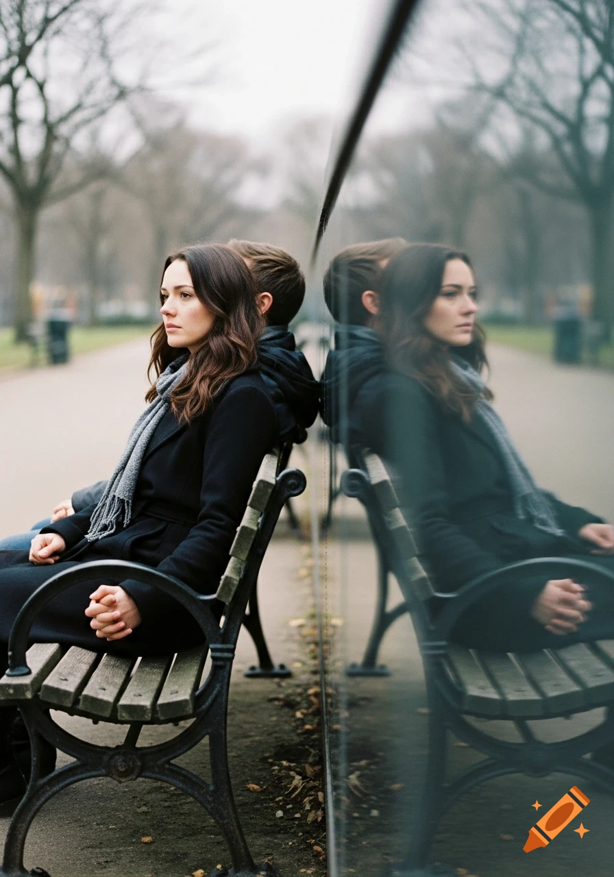 A woman with long brown hair, wearing a black coat and gray scarf, sits on a park bench, separated from a man behind her by a reflective panel. Her reflection is visible on the panel. The setting is a park on an overcast day, with a somber, cinematic style.