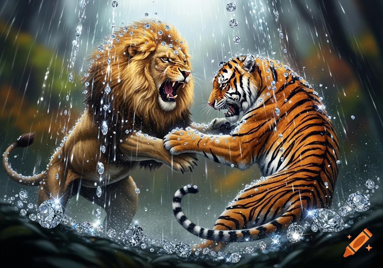 A roaring lion and a snarling tiger fight, surrounded by and drenched in sparkling diamond rain.