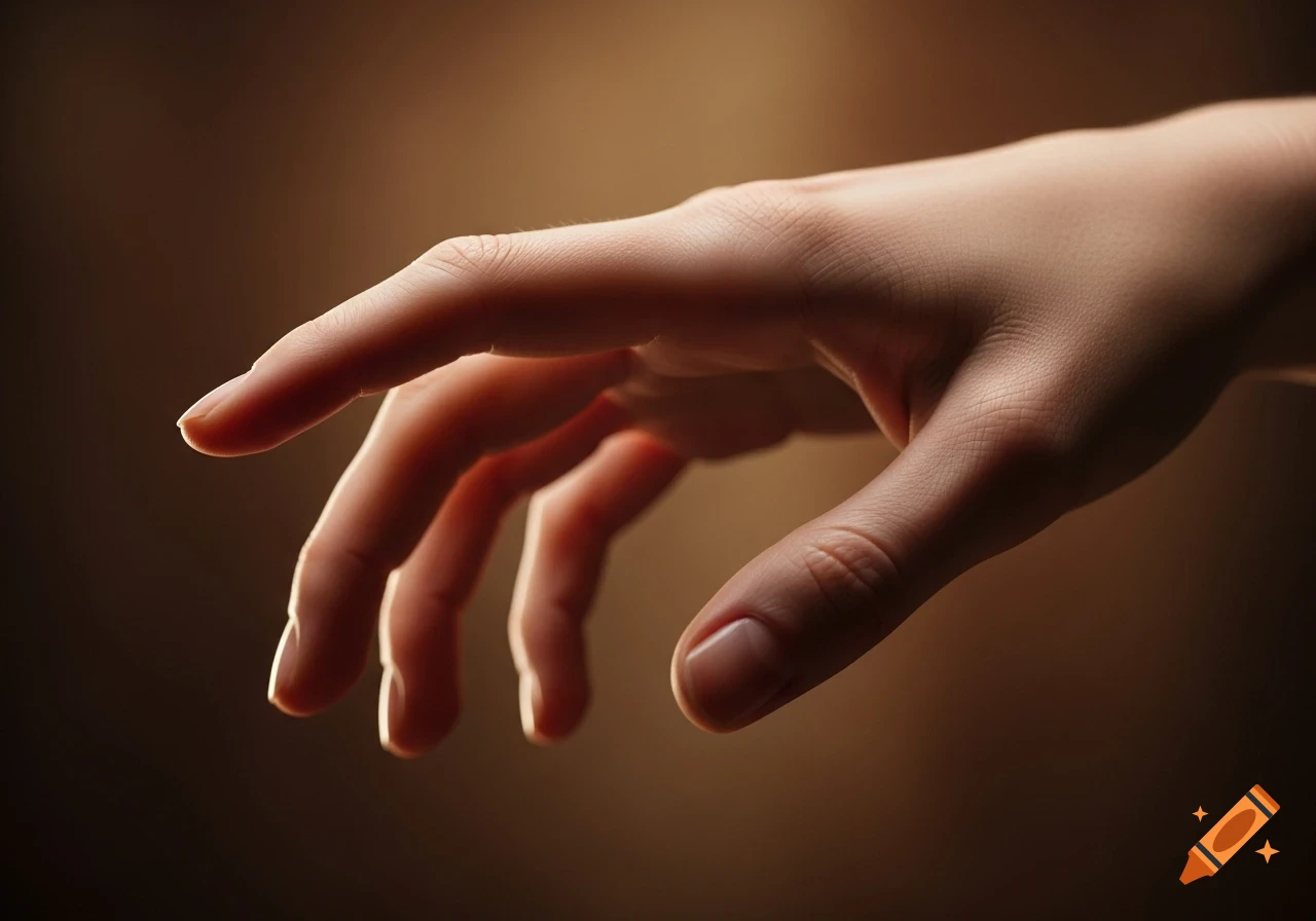 Close-up of a human hand with light skin, fingers slightly extended, against a warm brown background.