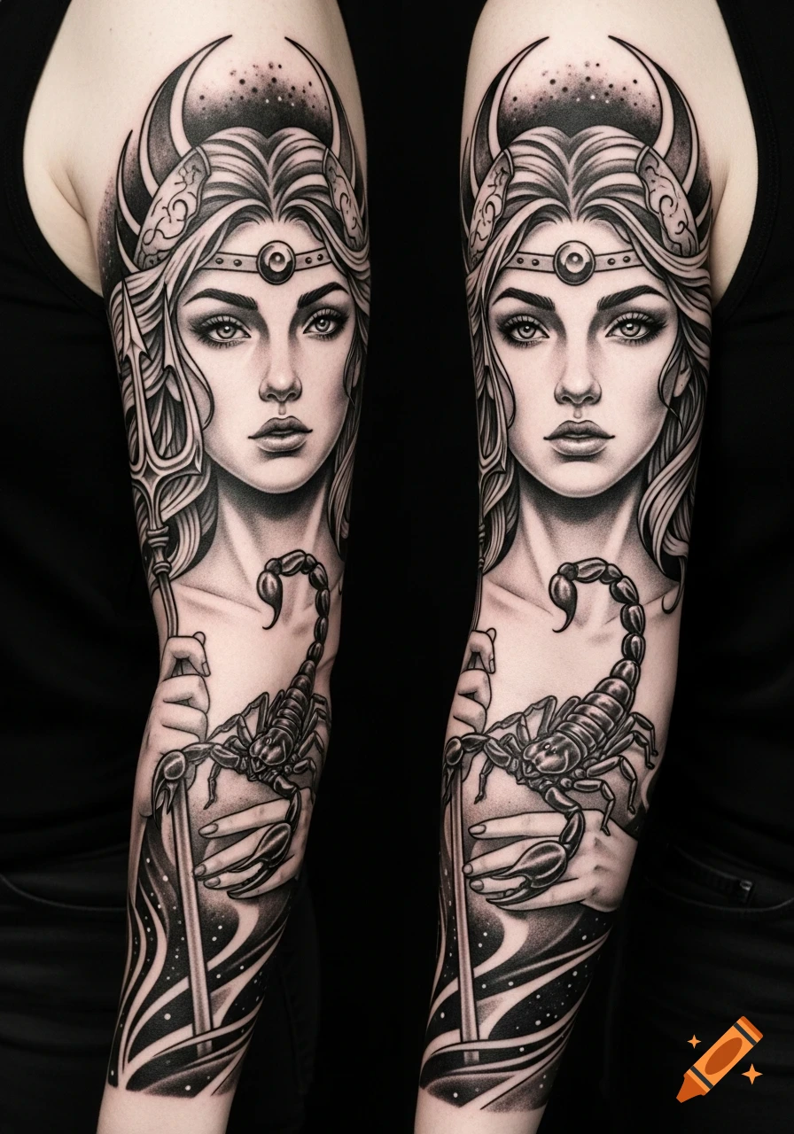 Black and white tattoo design of a woman with a crescent moon headdress, holding a trident and a scorpion, against a starry background.