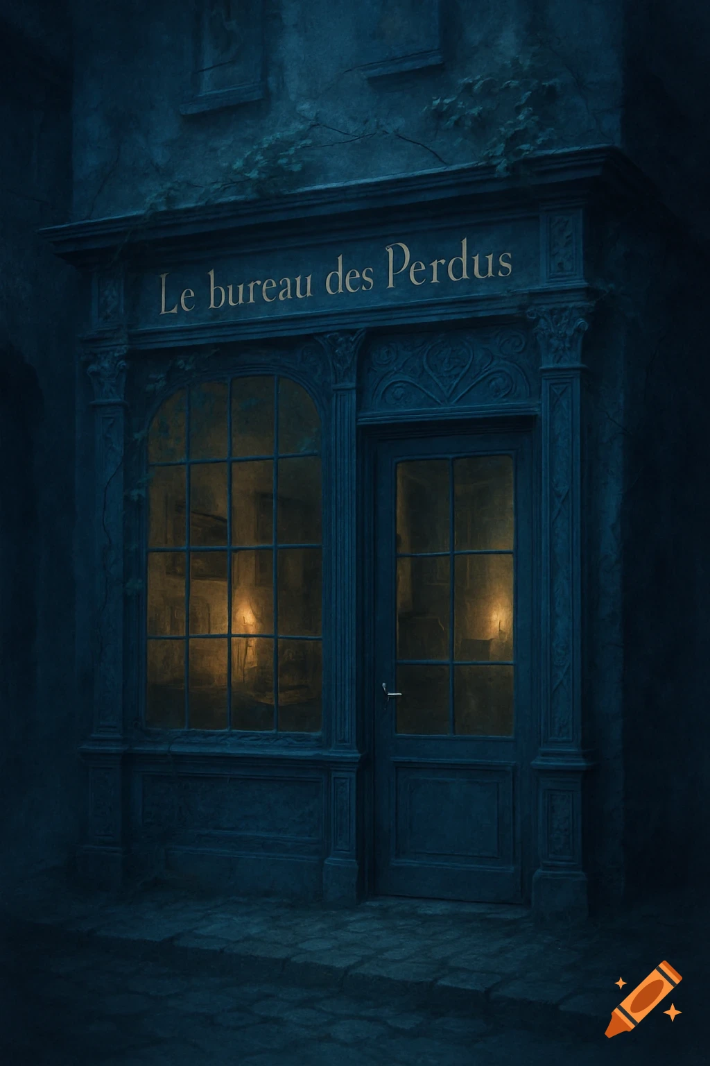 A dark blue shop facade at night with the sign "Le bureau des Perdus" and warm light emanating from the windows onto a cobblestone street.