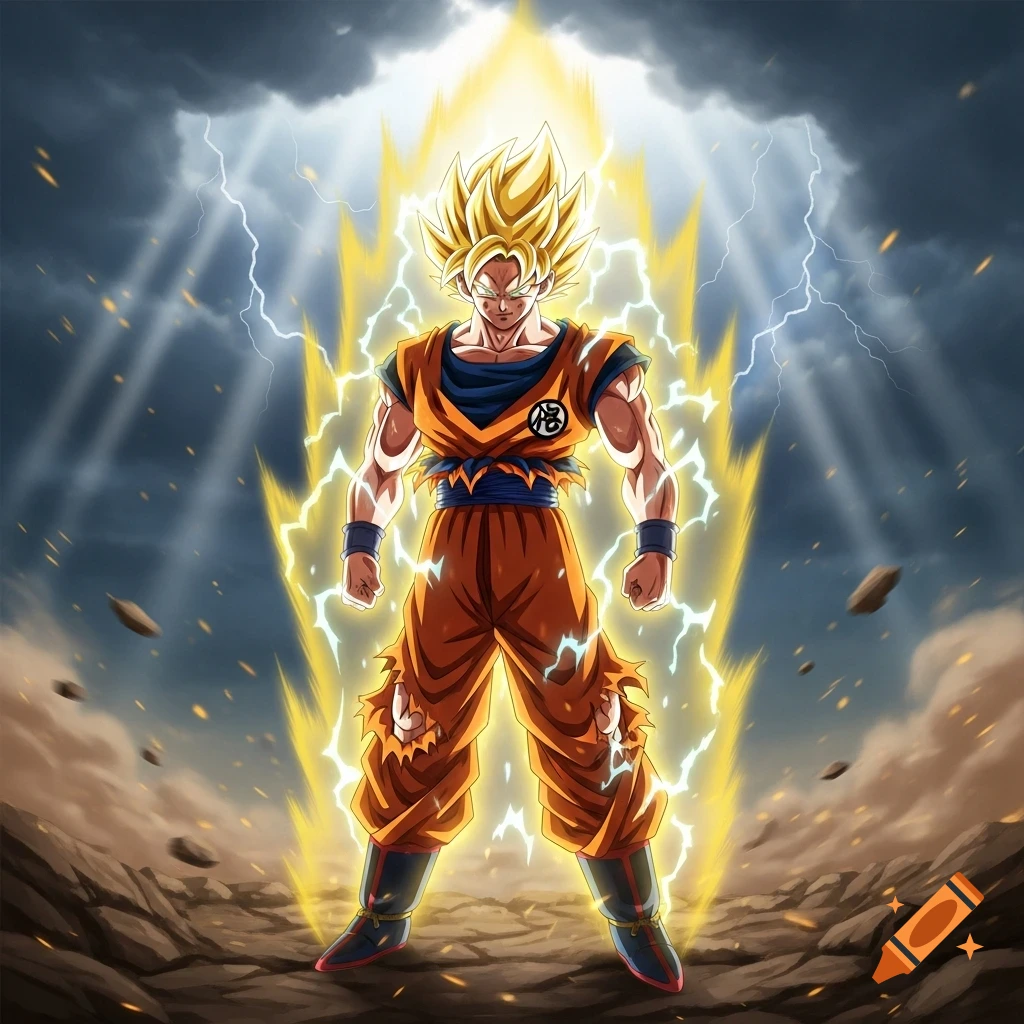 Goku in Super Saiyan form, glowing with golden energy and surrounded by lightning in a stormy, rocky landscape, anime style.