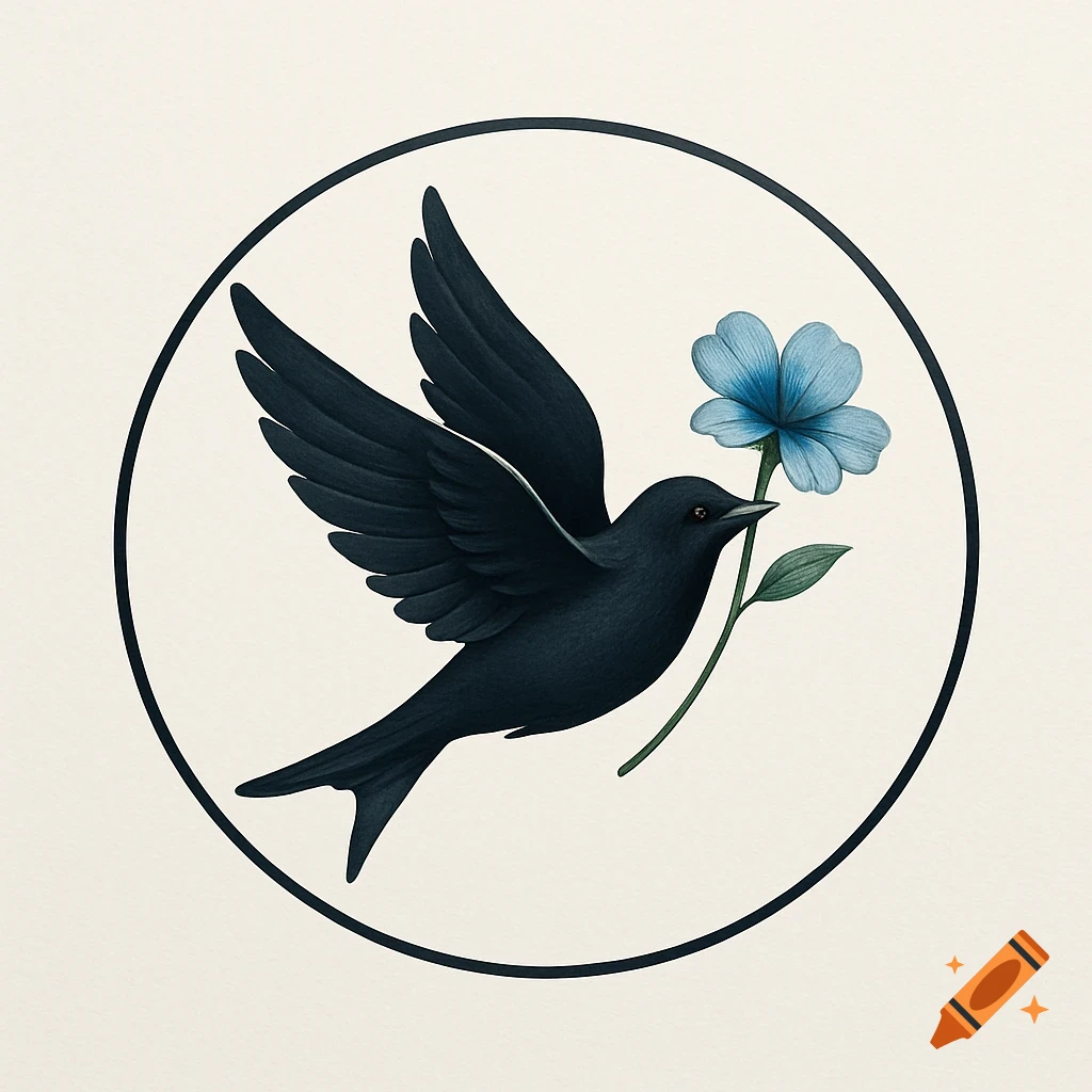 A black bird with spread wings flies within a circular outline, holding a light blue flower in its beak. Illustration.