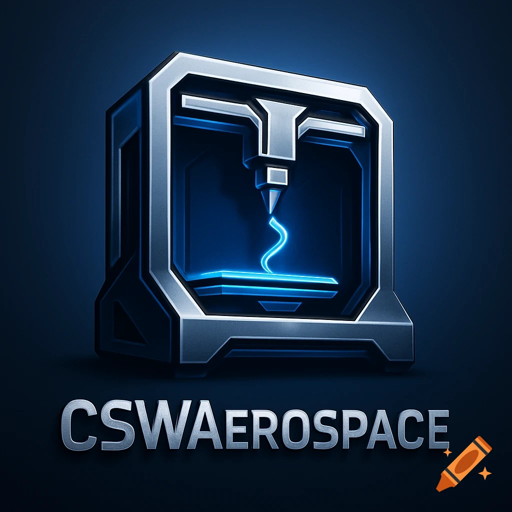 A metallic 3D printer logo with glowing blue elements, featuring the text 'CSWAerospace' below.