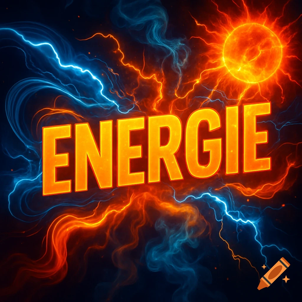 The word ENERGIE in orange, surrounded by blue lightning and orange fiery energy with a blazing sun.