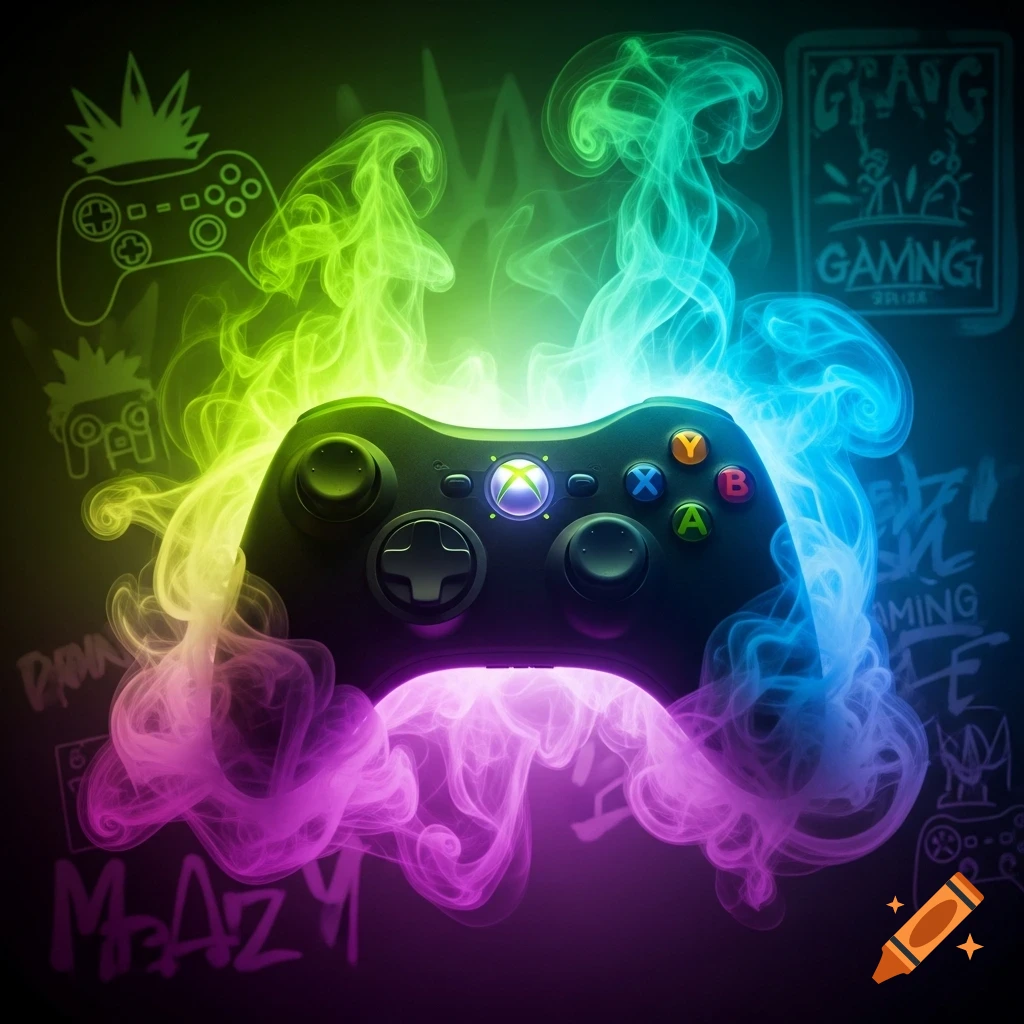 An Xbox controller centered, surrounded by vibrant green, blue, and pink smoke. Graffiti-like text and controller outlines are in the dark background.