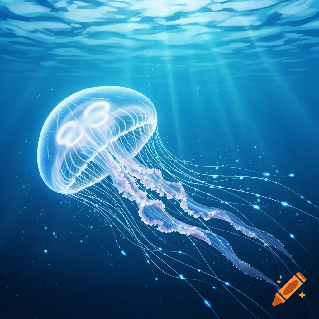 A glowing, translucent jellyfish with long tentacles swims in deep blue water, illuminated by sunbeams from above.