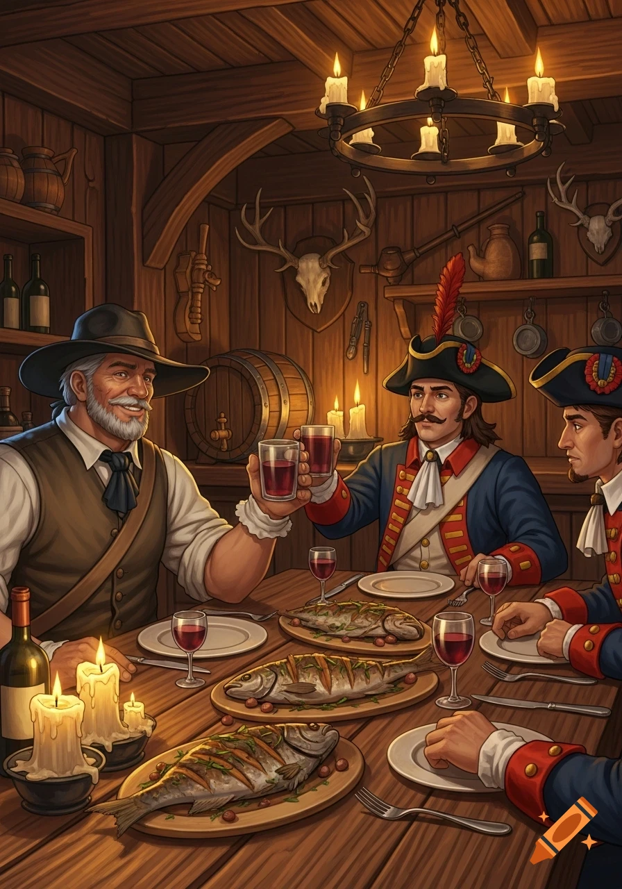 Men in 18th-century attire, including a wagoner and dragoons, feast on roasted fish and wine in a rustic, candlelit tavern.