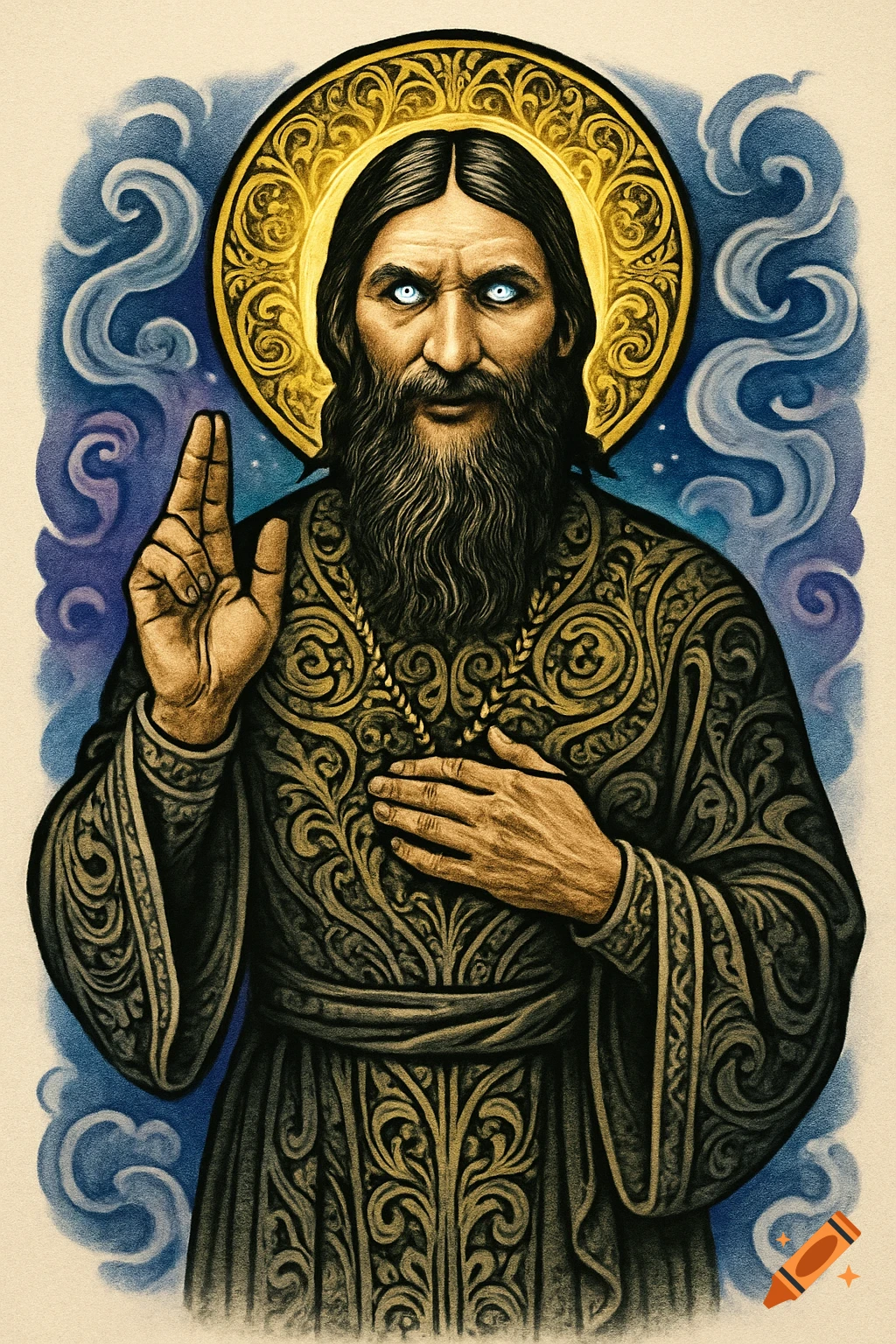 A stylized tattoo flash art depiction of Rasputin with a halo, intense blue eyes, and a long beard, making a blessing gesture.