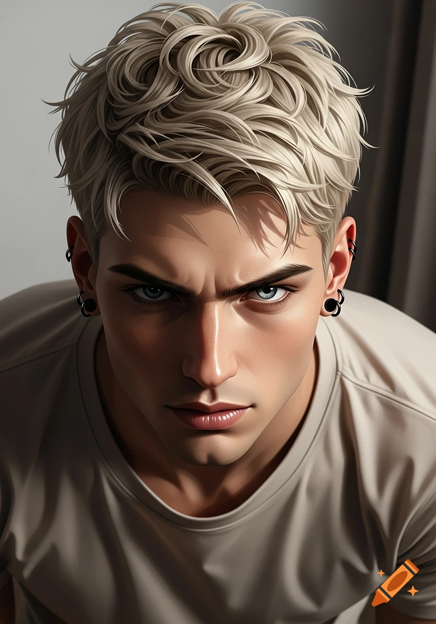 Stylized digital art portrait of a man with blonde short hair, piercing blue eyes, and black ear piercings, staring intensely.