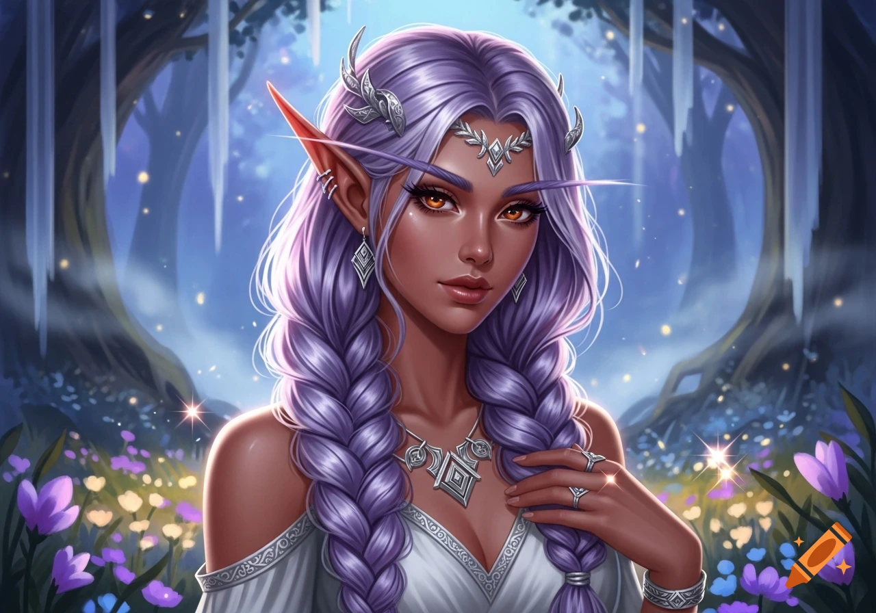 Close-up of a fantasy elf woman with dark skin, amber eyes, and long ...