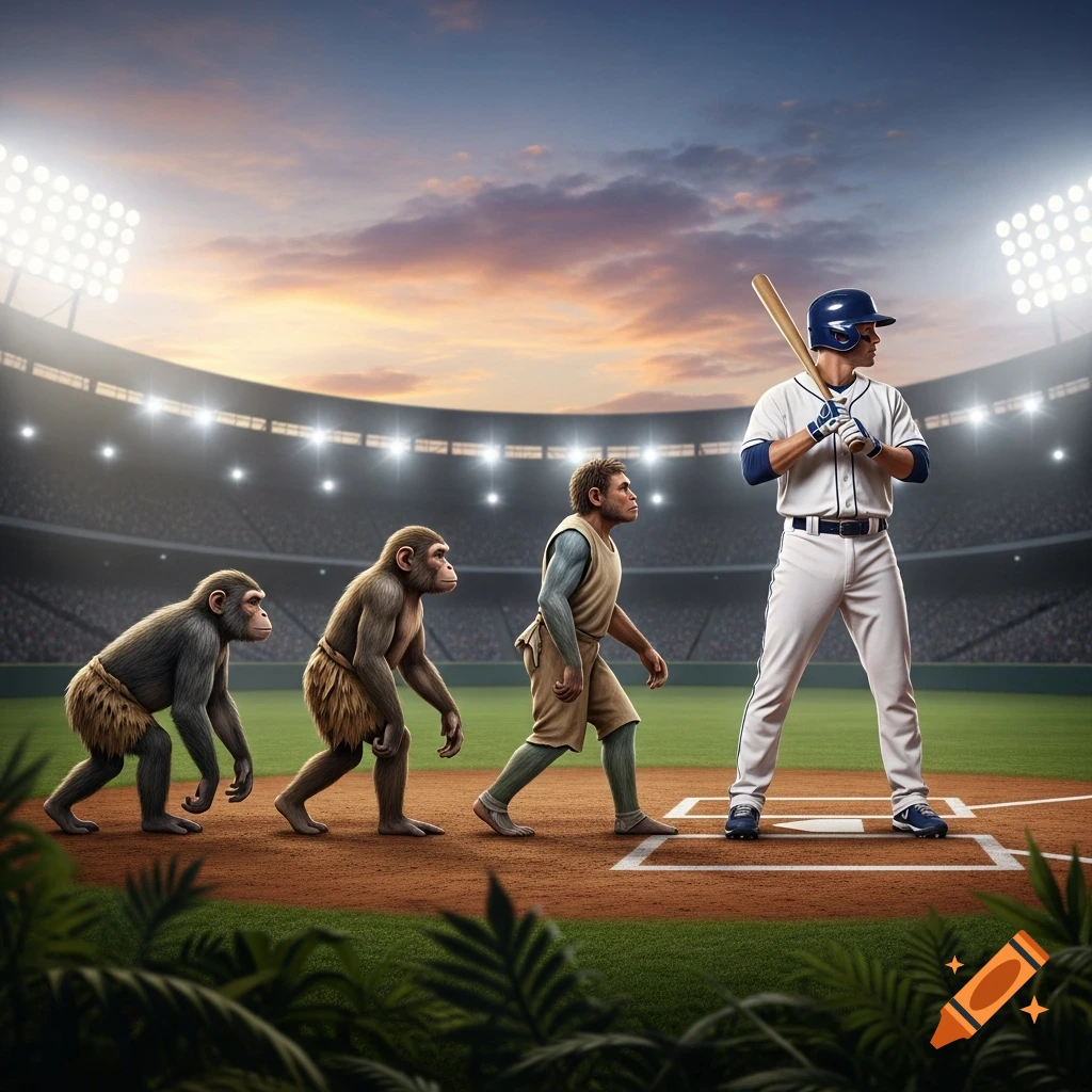 Evolutionary progression of an ape into a human baseball player at bat on a stadium field at sunset, photorealistic.