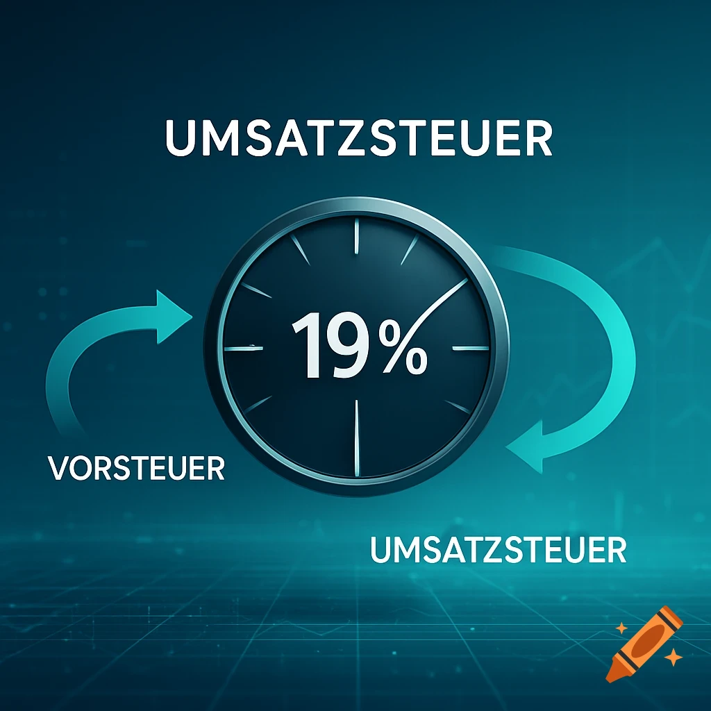 Graphic showing 19% Umsatzsteuer and Vorsteuer with arrows, illustrating a tax cycle on a dark blue background.