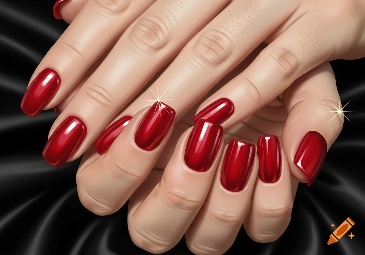 Close-up of two hands with glossy red nail polish, one slightly overlapping the other, against a dark, silky background.