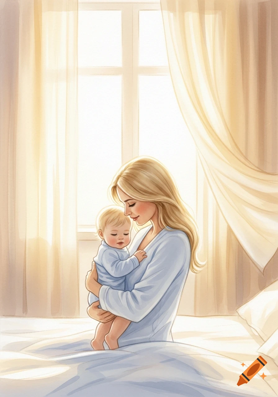A blond mother gently holds her blond baby in a sunlit bedroom, rendered in soft watercolors.