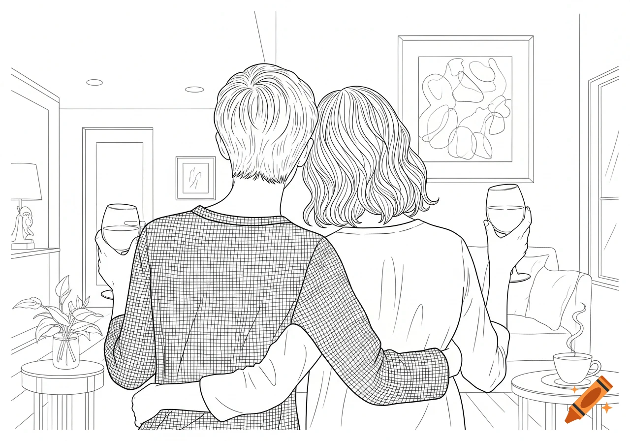 Line drawing of two people from behind, embracing and holding wine glasses in a home setting.