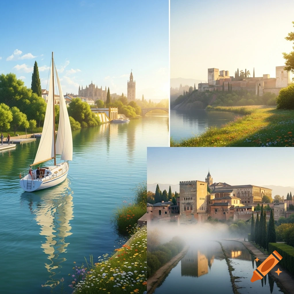 A collage shows a sailboat on a river in Seville and two views of Granada's Alhambra palace by a misty river.