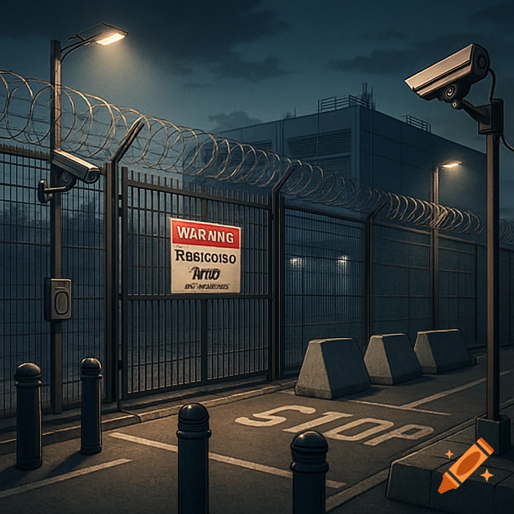 A nighttime view of a perimeter security fence with barbed wire, surveillance cameras, streetlights, and a warning sign on a gate. Concrete barriers and "STOP" painted on the road are in the foreground, with a building in the background under a cloudy sky.